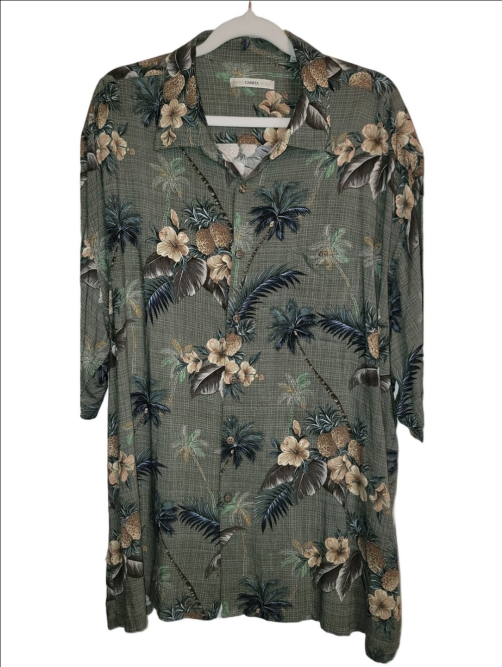 CAMPIA MODA Light Olive Rayon Tropical Camp Shirt Floral And Pineapples Size XXL